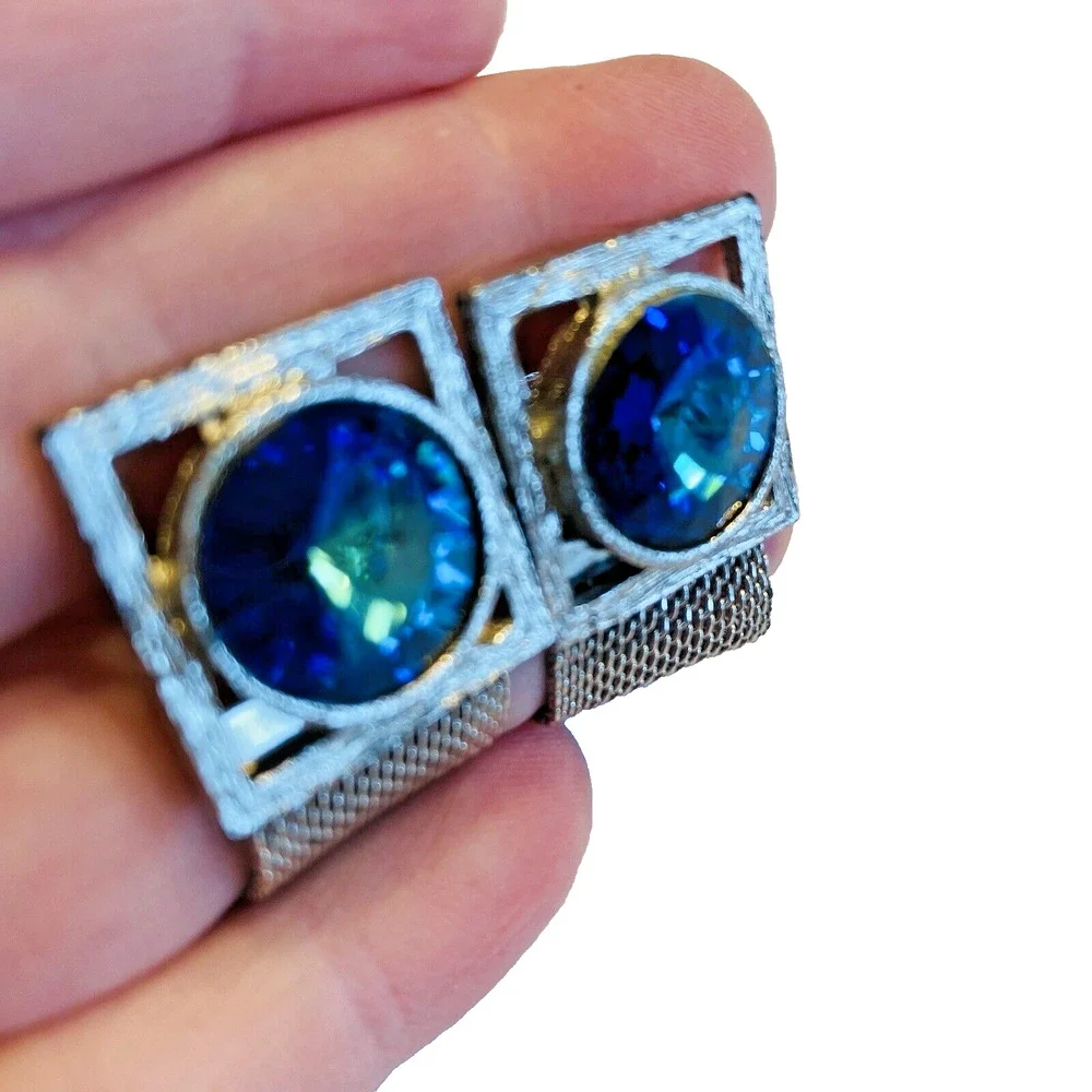 Vintage Blue Rivoli Wrap Cufflinks Large Stones Silvertone Mesh Mid Century Chic